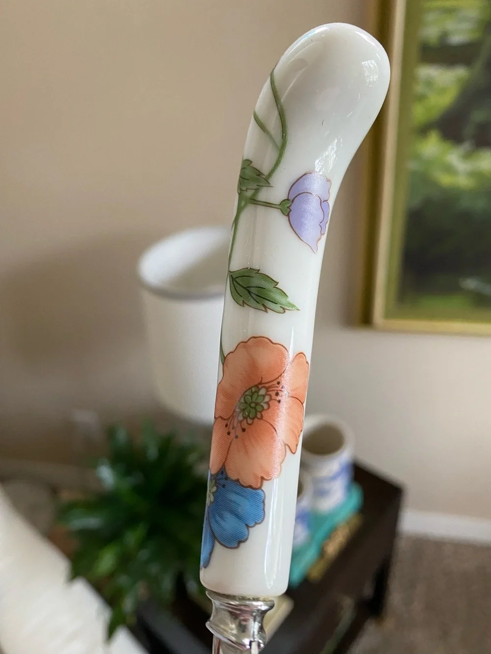 Vtg Sheffield England Dessert Serving Spoon Porcelain Poppy Floral Handle W Box
